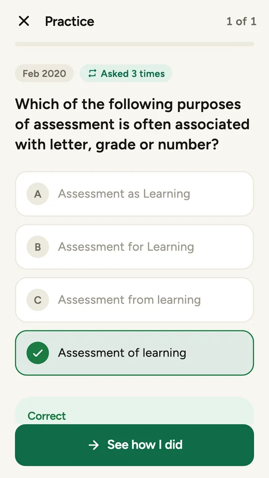 A practice question with the right answer marked